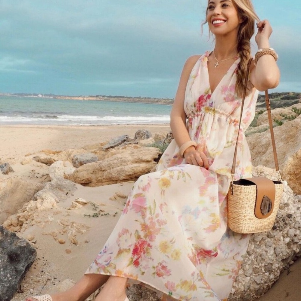 Zara Creampink long floral dress. Small 3204/168 EUC OUNK BEIGE - Picture 4 of 13